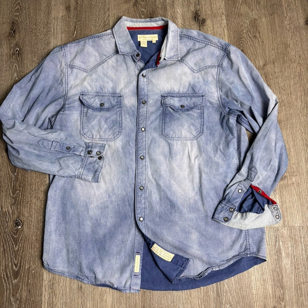 The Territory Ahead Men's L Denim Chambray Pearl Snap LS Pocket Shirt Cotton Y2K
